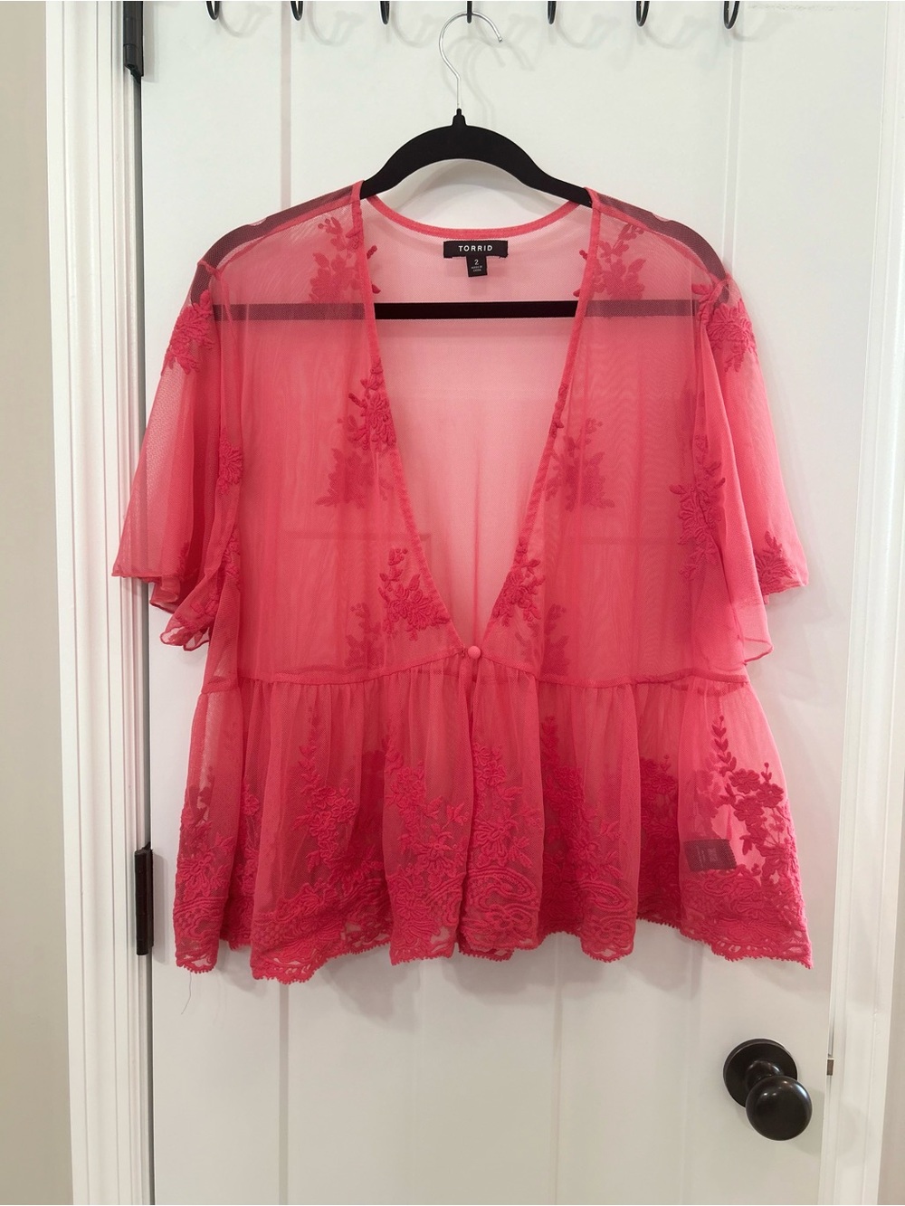torrid Coral Pink Sheer Embroidered Peplum Blouse With Floral Accent